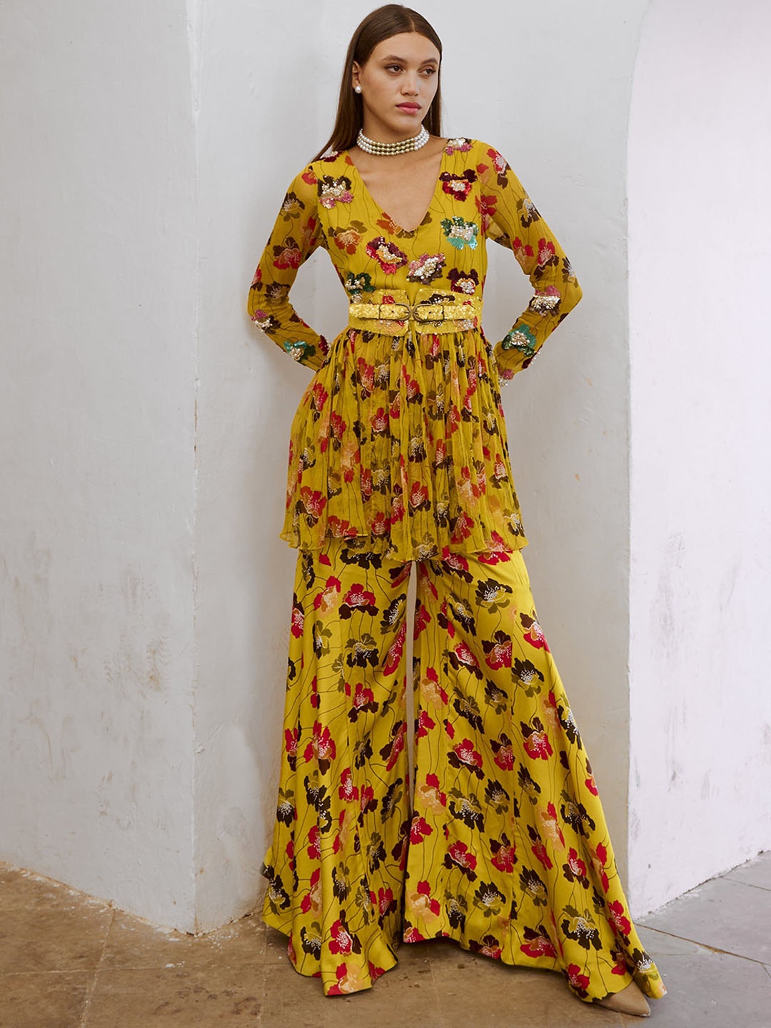

Pallavi Jaipur Floral Printed Silk Chiffon Sequinned A-Line Kurta With Palazzos & Dupatta, Lime green