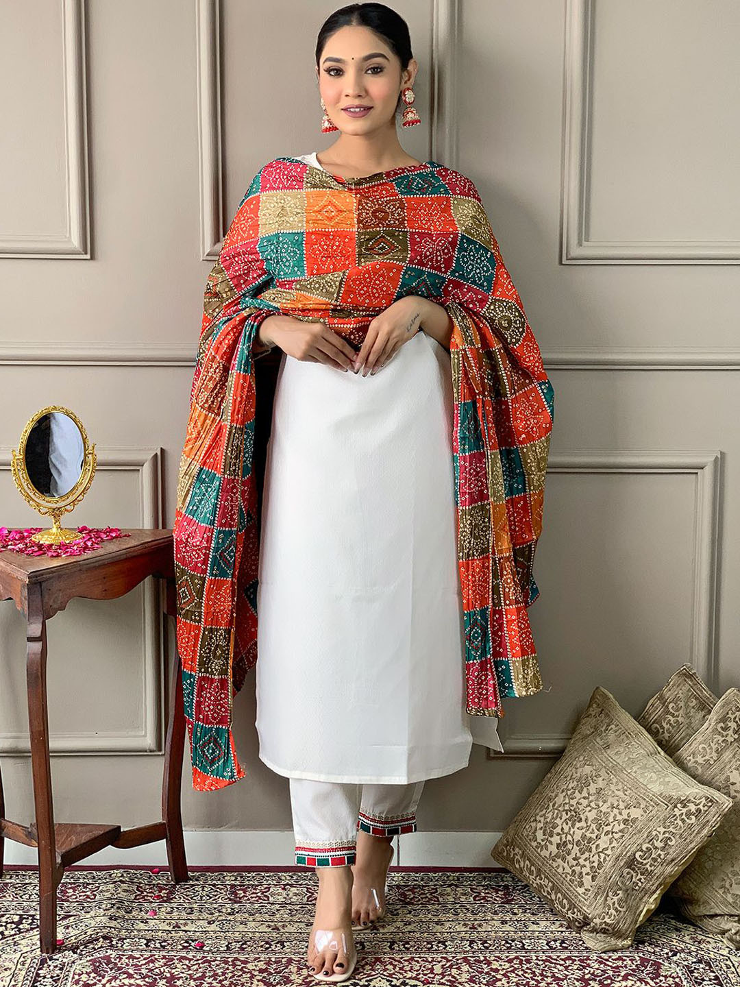 

KALINI Floral Thread Work Round Neck Kurta With Trousers & Dupatta, White