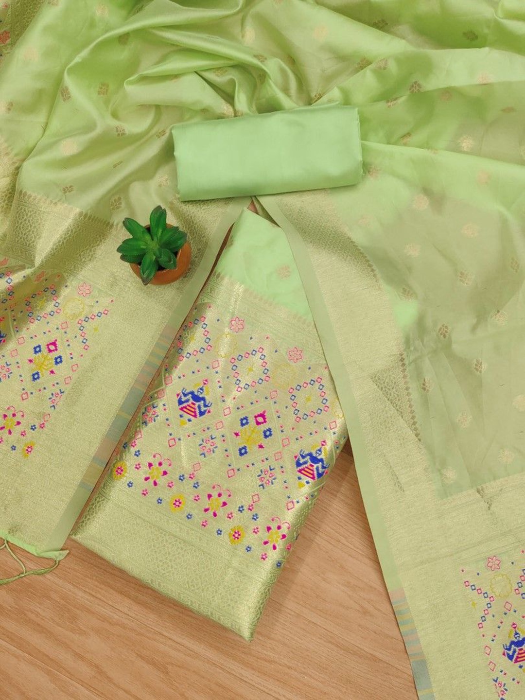 

JATRIQQ Floral Woven Design Banarasi Silk Unstitched Dress Material, Lime green