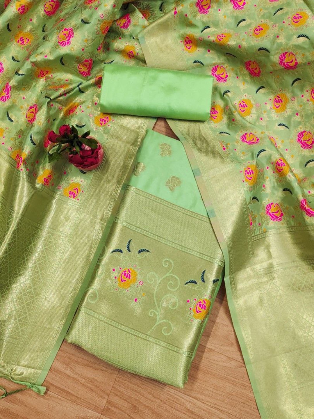 

JATRIQQ Floral Woven Design Banarasi Silk Unstitched Dress Material, Lime green