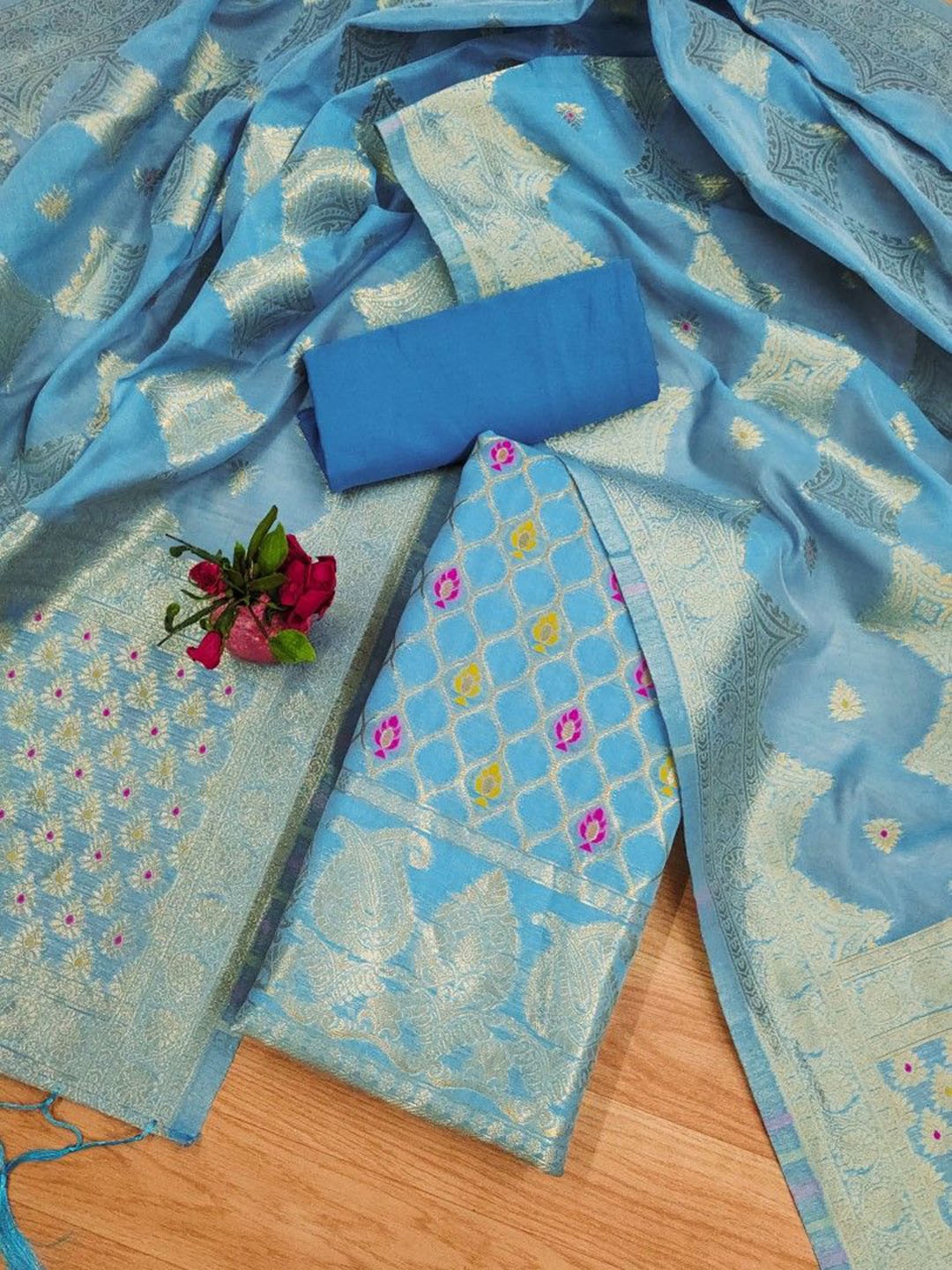 

JATRIQQ Ethnic Motifs Woven Design Zari Work Chanderi Silk Unstitched Dress Material, Turquoise blue