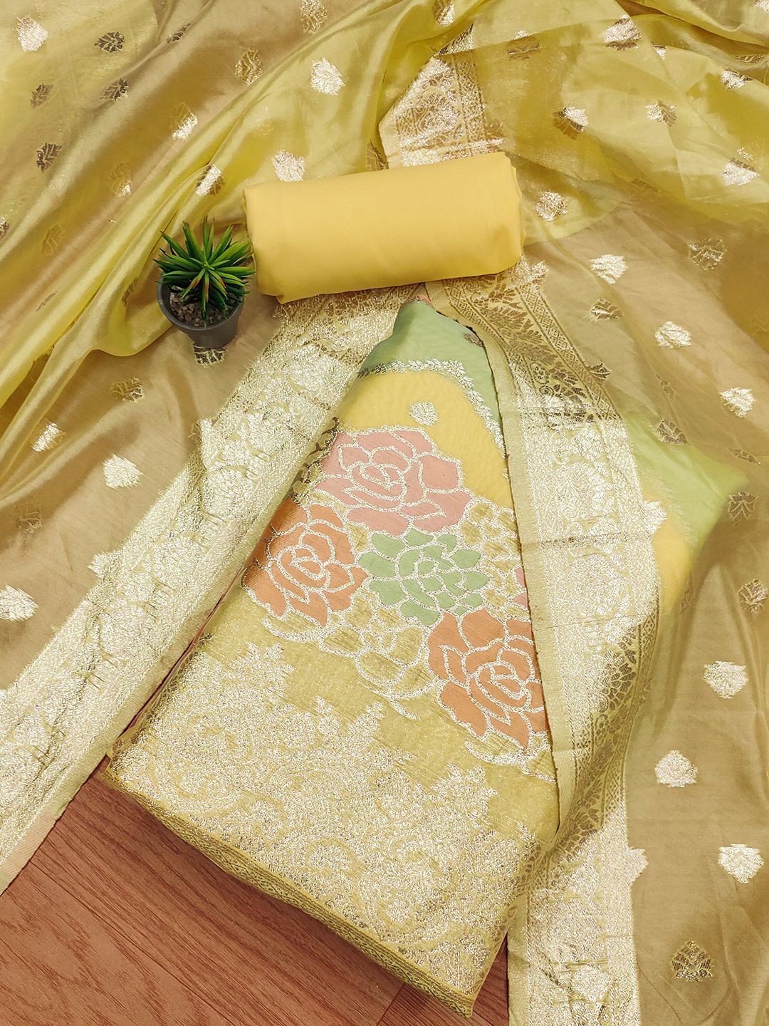 

JATRIQQ Floral Woven Design Organza Unstitched Dress Material, Yellow