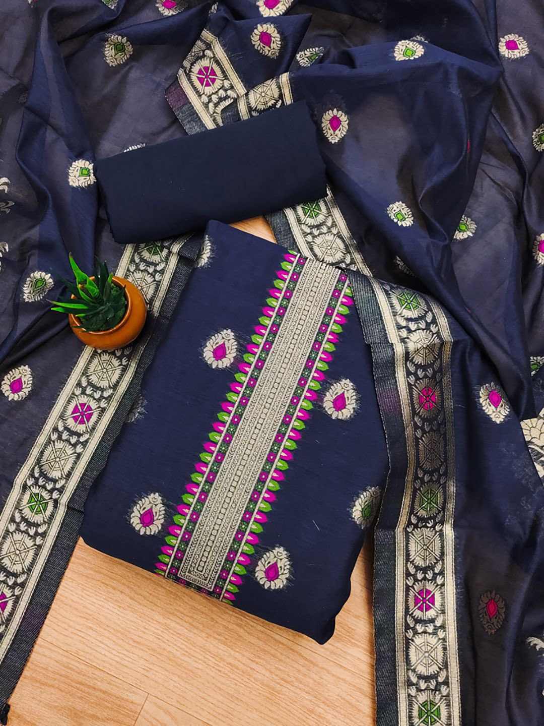 

JATRIQQ Ethnic Motifs Woven Design Chanderi Banarasi Silk Unstitched Dress Material, Navy blue