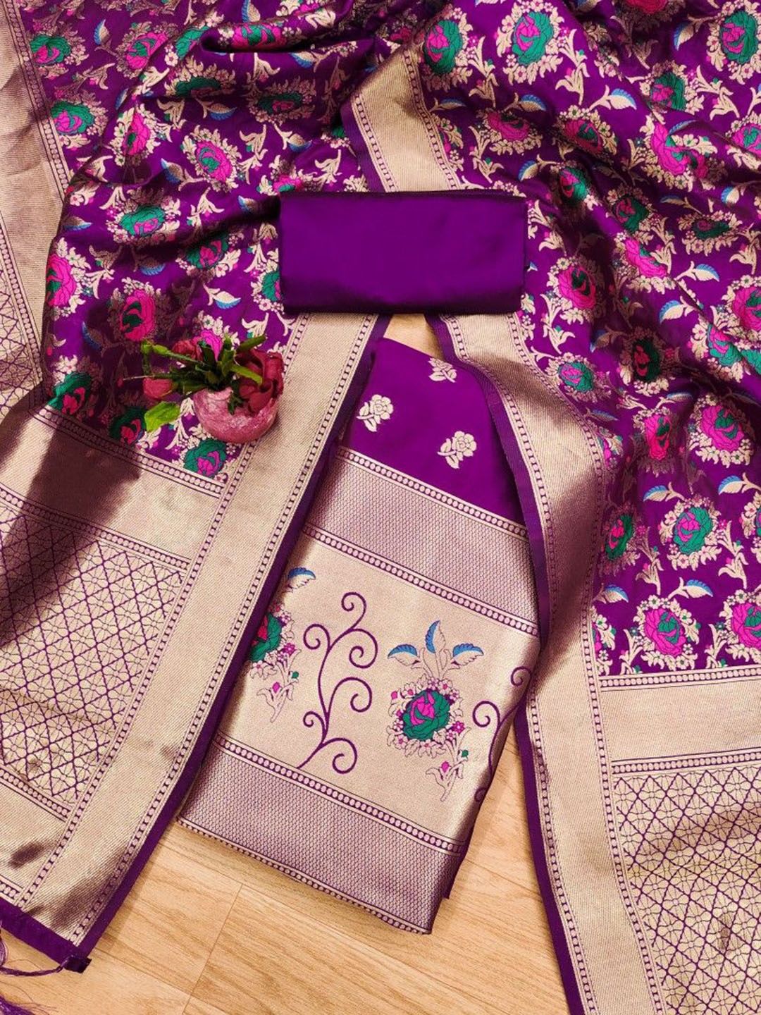 

JATRIQQ Floral Woven Design Banarasi Silk Unstitched Dress Material, Purple