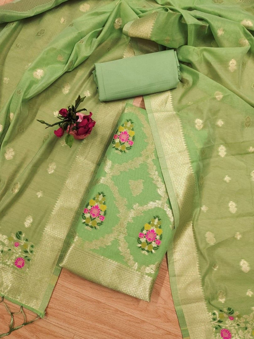 

JATRIQQ Floral Woven Design Zari Work Chanderi Silk Unstitched Dress Material, Lime green