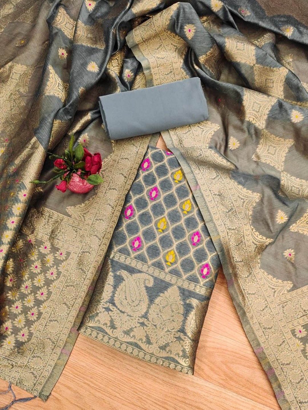

JATRIQQ Ethnic Motifs Woven Design Banarasi Silk Unstitched Dress Material, Grey