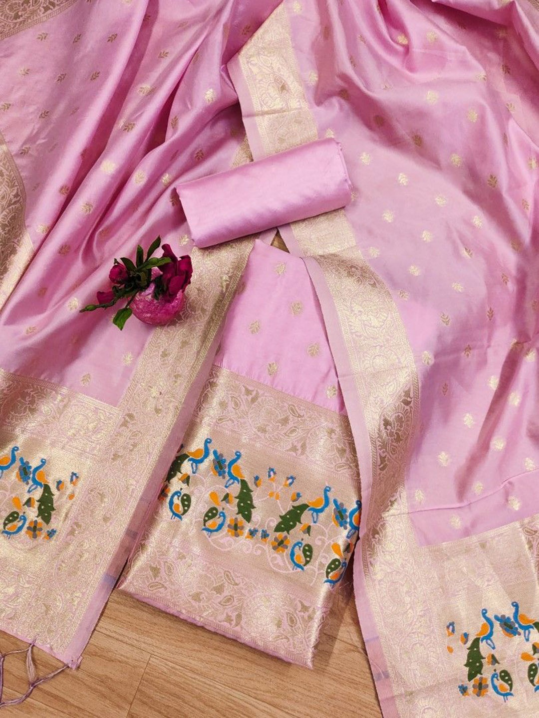 

JATRIQQ Floral Woven Design Zari Work Banarasi Silk Unstitched Dress Material, Pink