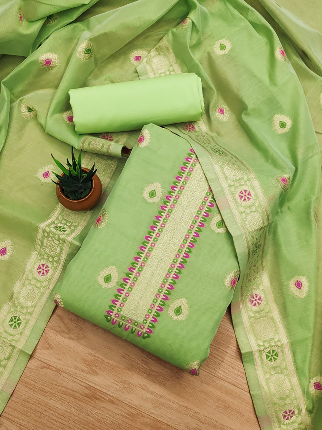 

JATRIQQ Ethnic Motifs Woven Design Zari Work Chanderi Silk Unstitched Dress Material, Lime green