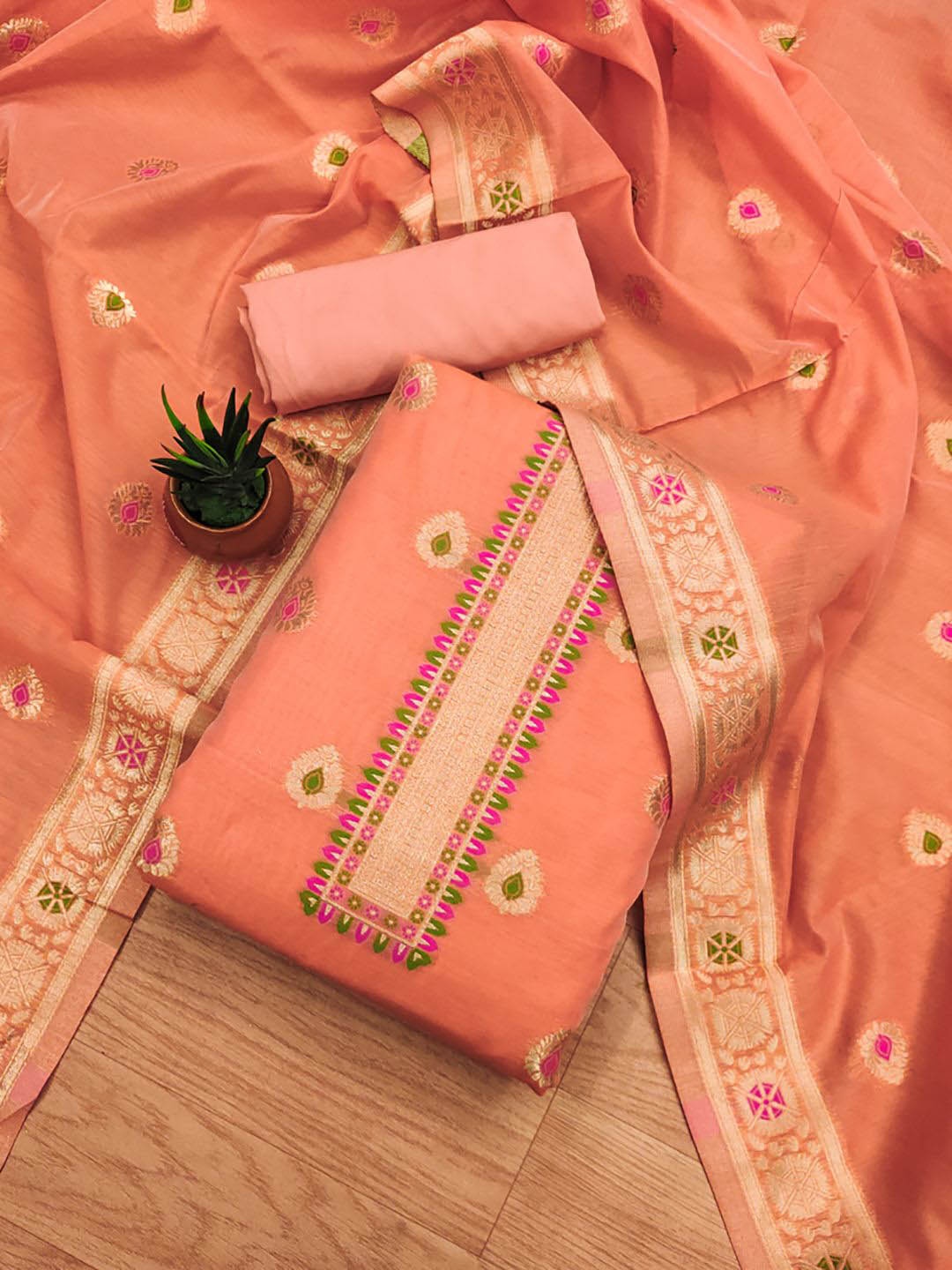 

JATRIQQ Ethnic Motifs Woven Design Zari Work Chanderi Silk Unstitched Dress Material, Peach