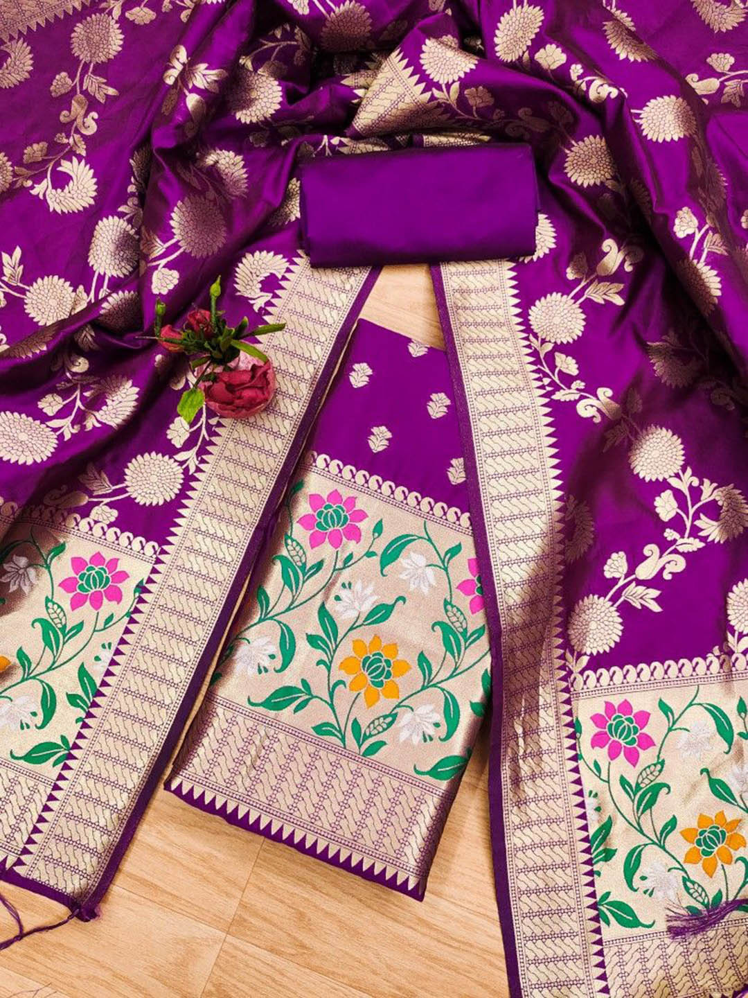 

JATRIQQ Floral Woven Design Banarasi Silk Unstitched Dress Material, Purple