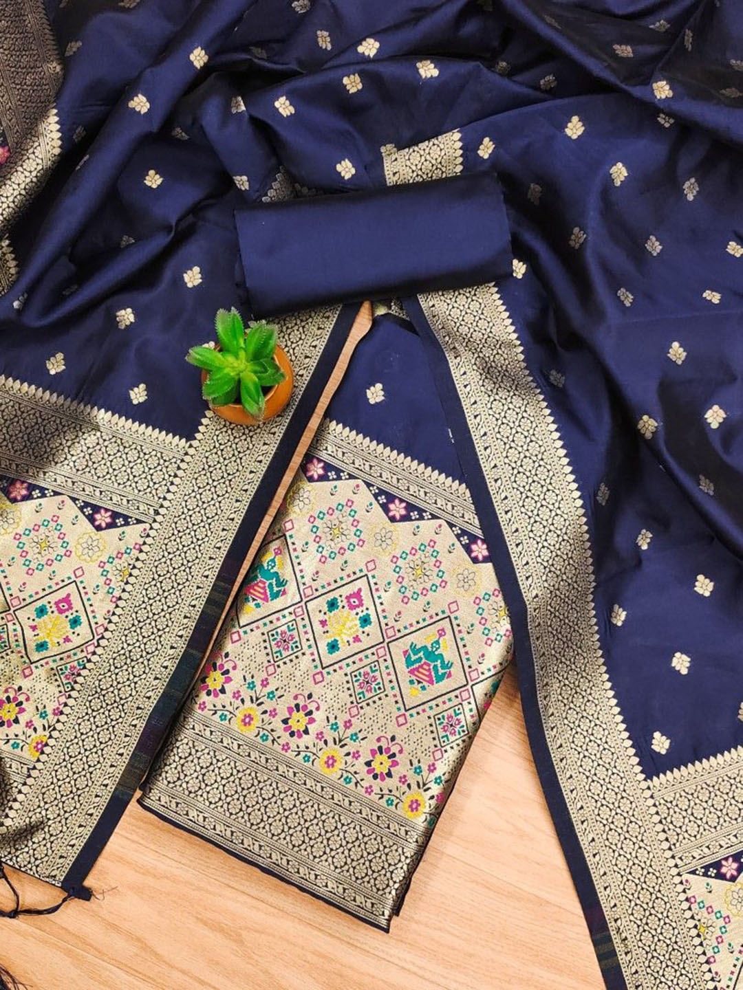 

JATRIQQ Floral Woven Design Banarasi SilkUnstitched Dress Material, Blue