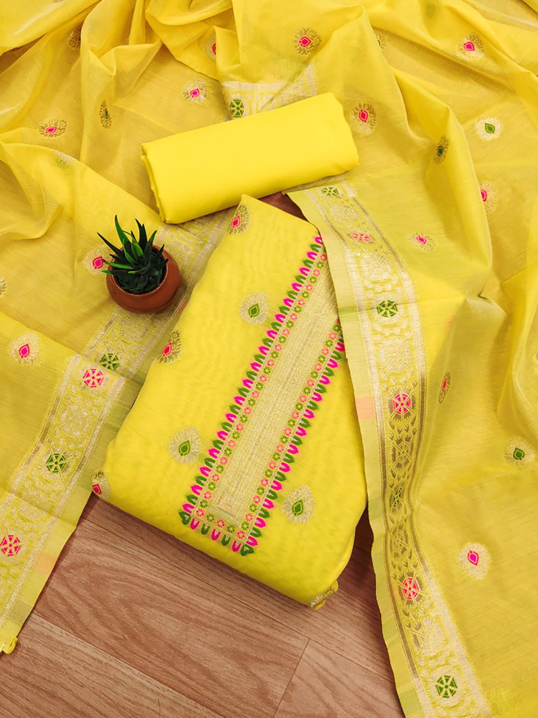 

JATRIQQ Ethnic Motifs Woven Design Zari Work Chanderi Silk Unstitched Dress Material, Yellow