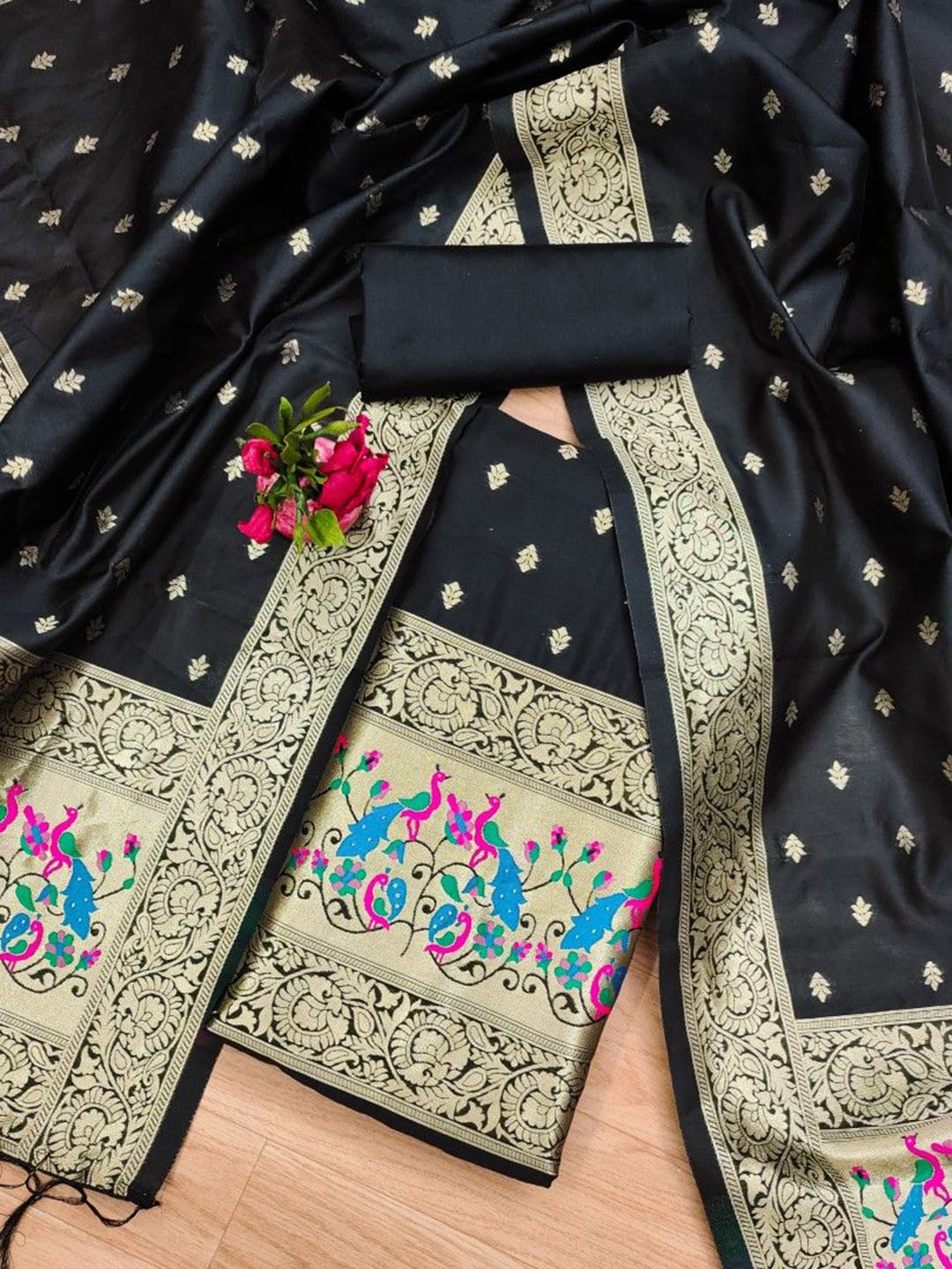 

JATRIQQ Floral Woven Design Banarasi Silk Unstitched Dress Material, Black