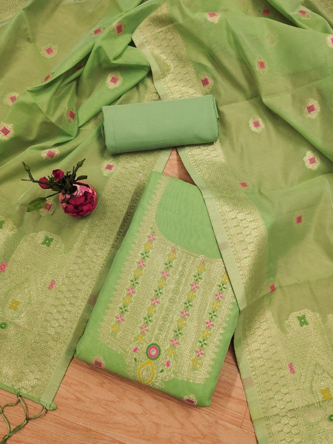 

JATRIQQ Floral Woven Design Zari Work Chanderi Silk Unstitched Dress Material, Lime green