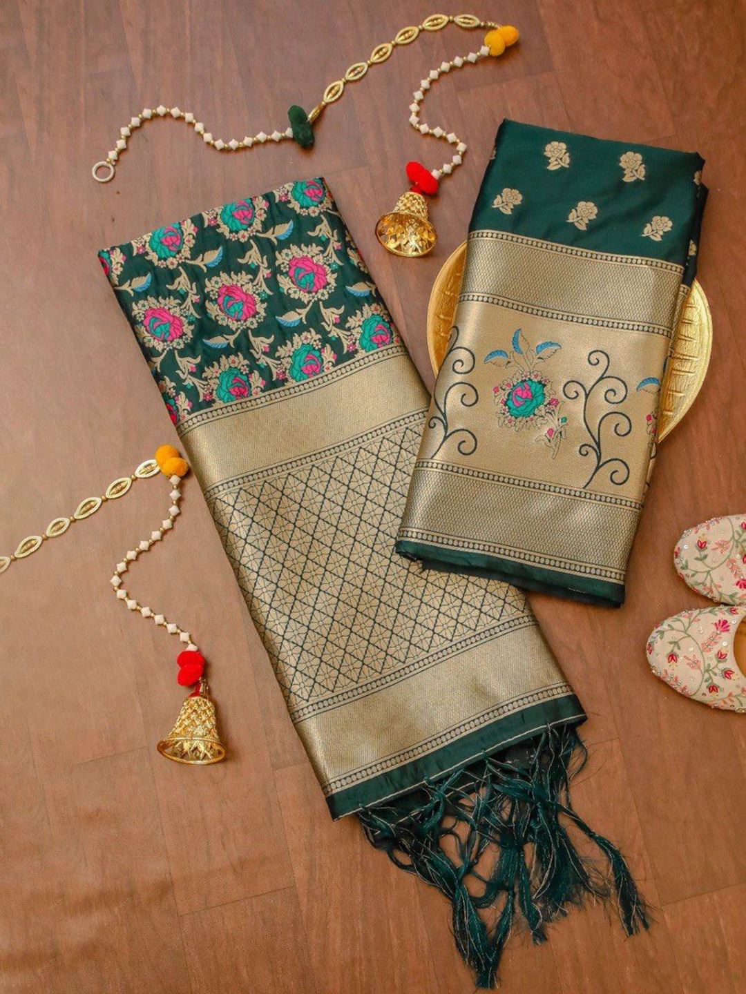 

JATRIQQ Floral Woven Design Banarasi Silk Unstitched Dress Material, Green