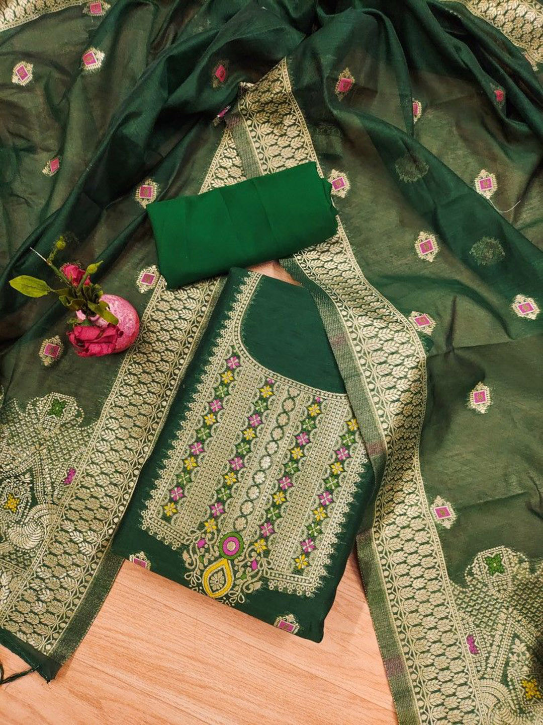 

JATRIQQ Floral Woven Design Chanderi Banarasi Silk Unstitched Dress Material, Green