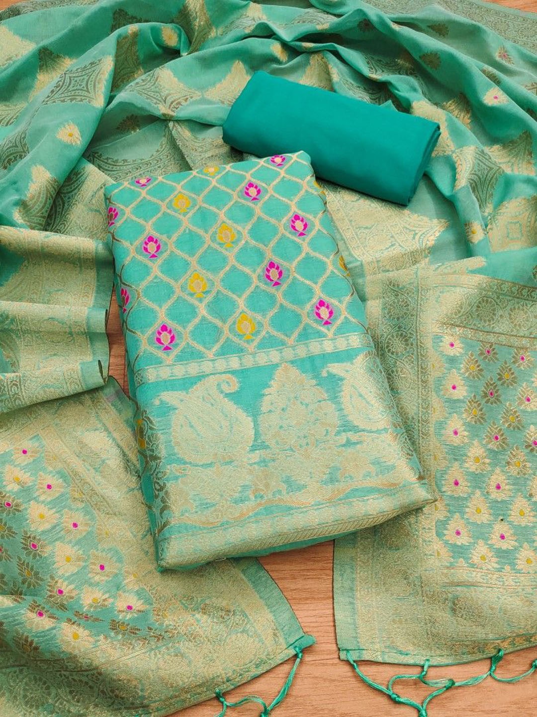 

JATRIQQ Ethnic Motifs Woven Design Zari Work Chanderi Silk Unstitched Dress Material, Sea green