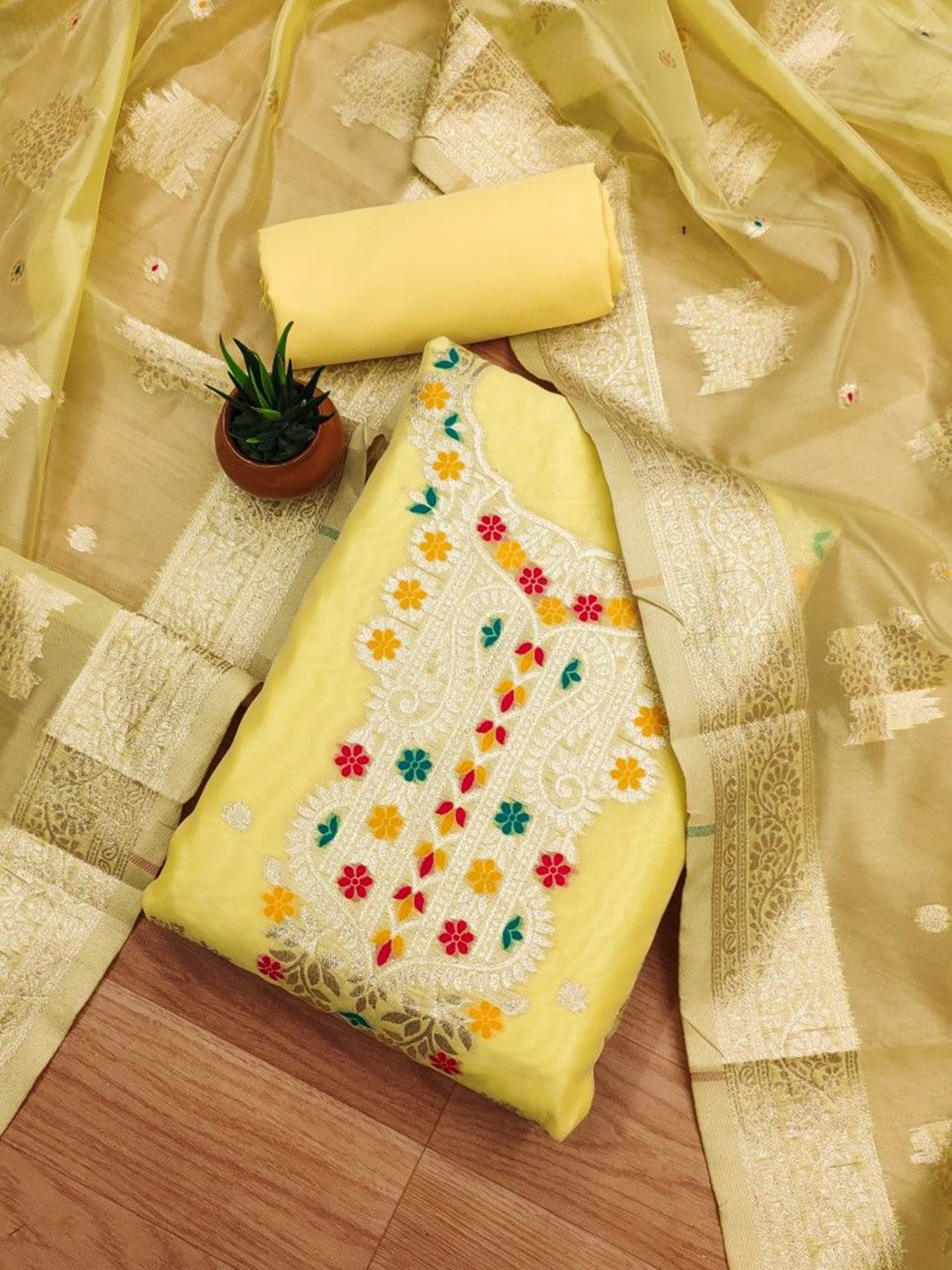 

JATRIQQ Floral Woven Design Zari Work Organza Unstitched Dress Material, Yellow