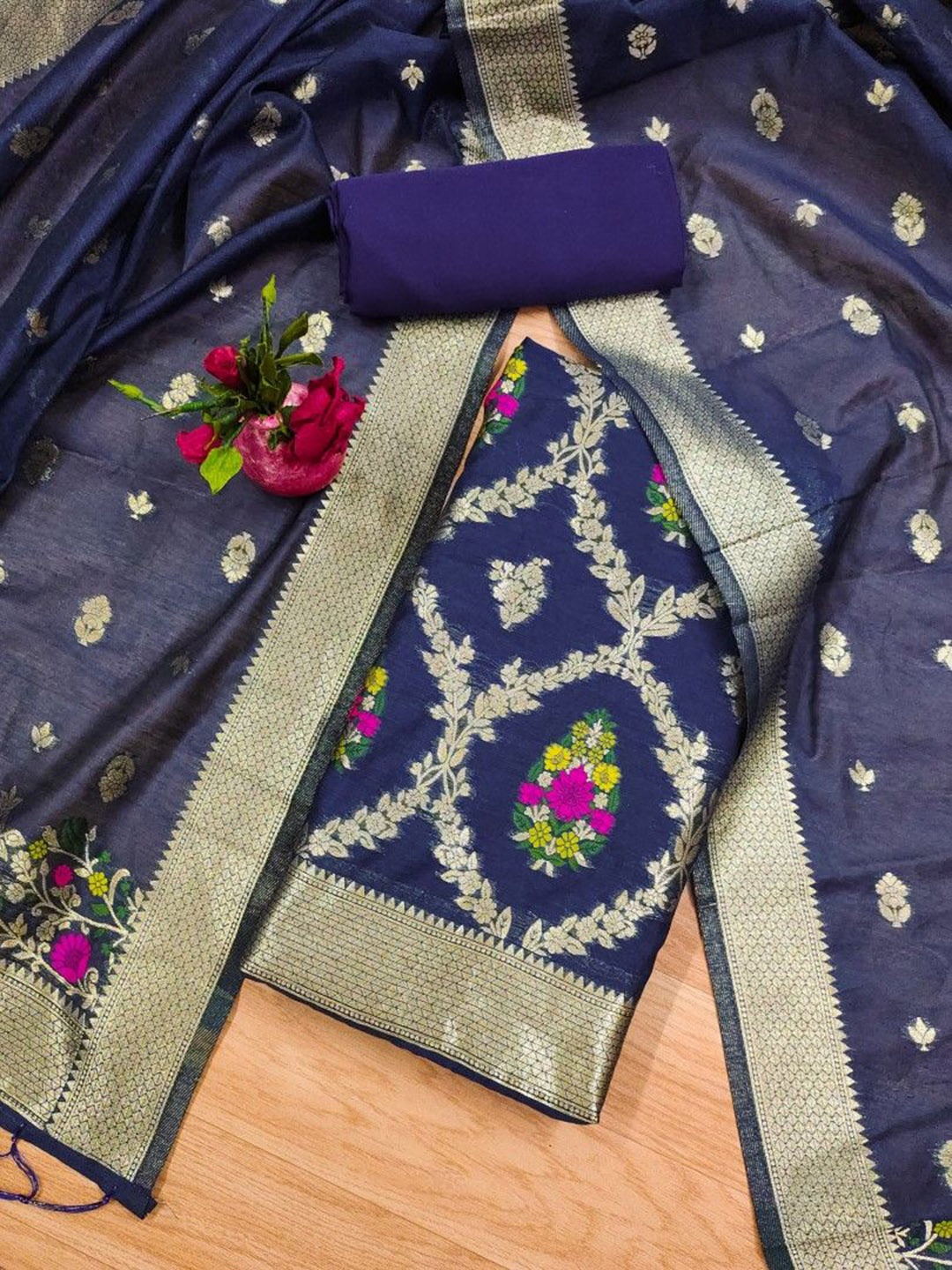 

JATRIQQ Floral Woven Design Banarasi Silk Unstitched Dress Material, Navy blue