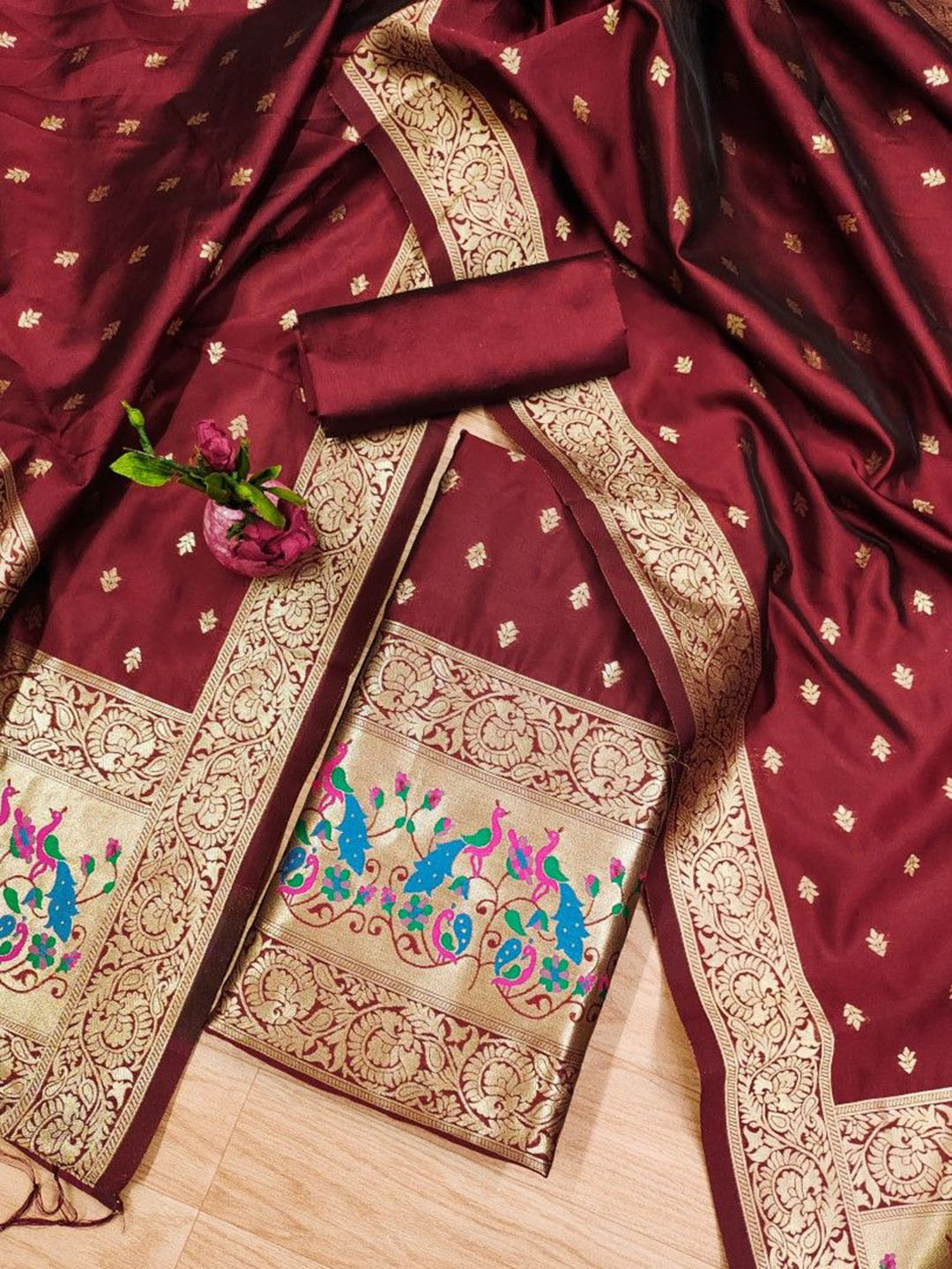 

JATRIQQ Floral Woven Design Banarasi Silk Unstitched Dress Material, Maroon