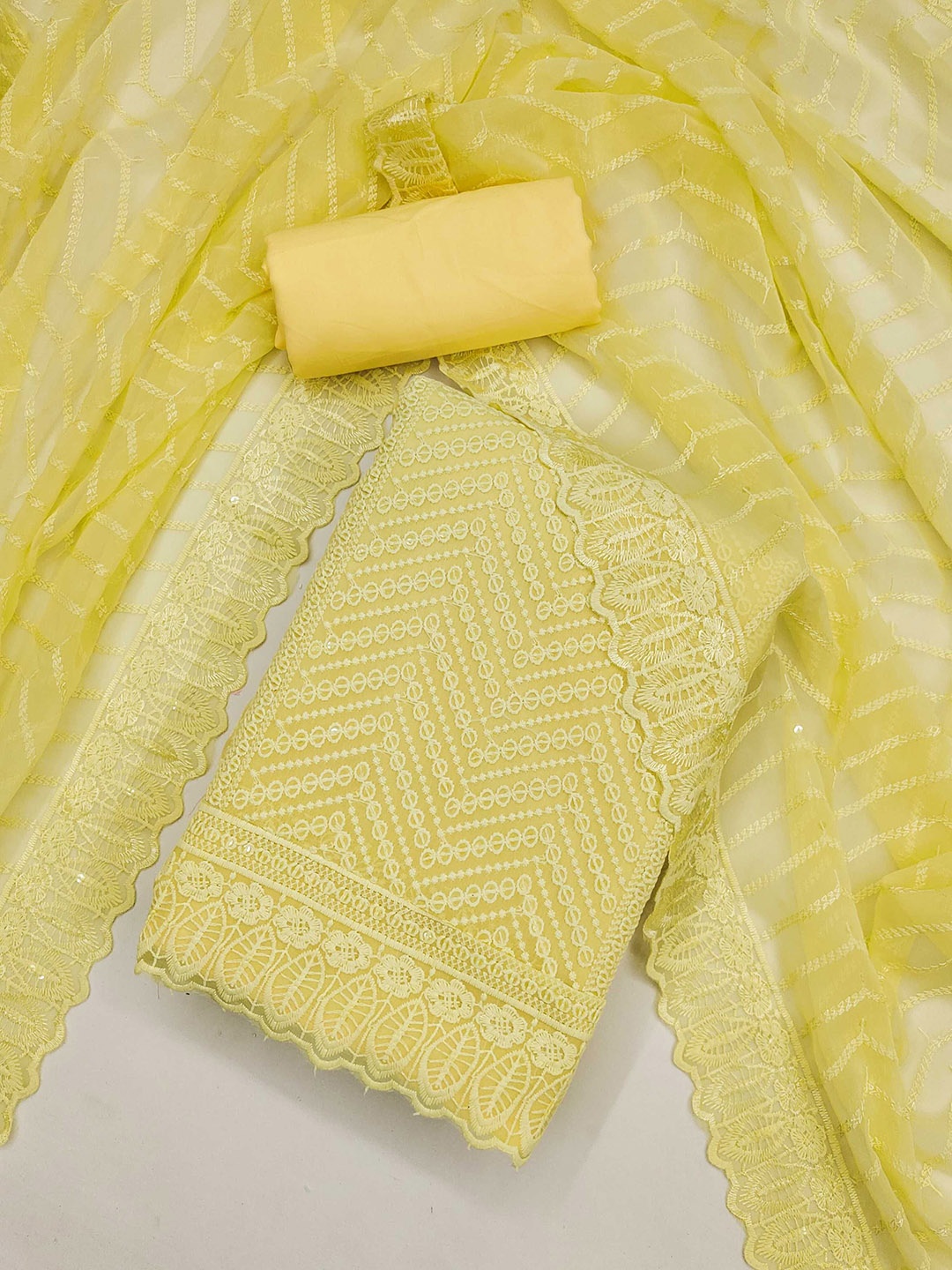KALINI Geometric Embroidered Georgette Unstitched Dress Material, Yellow