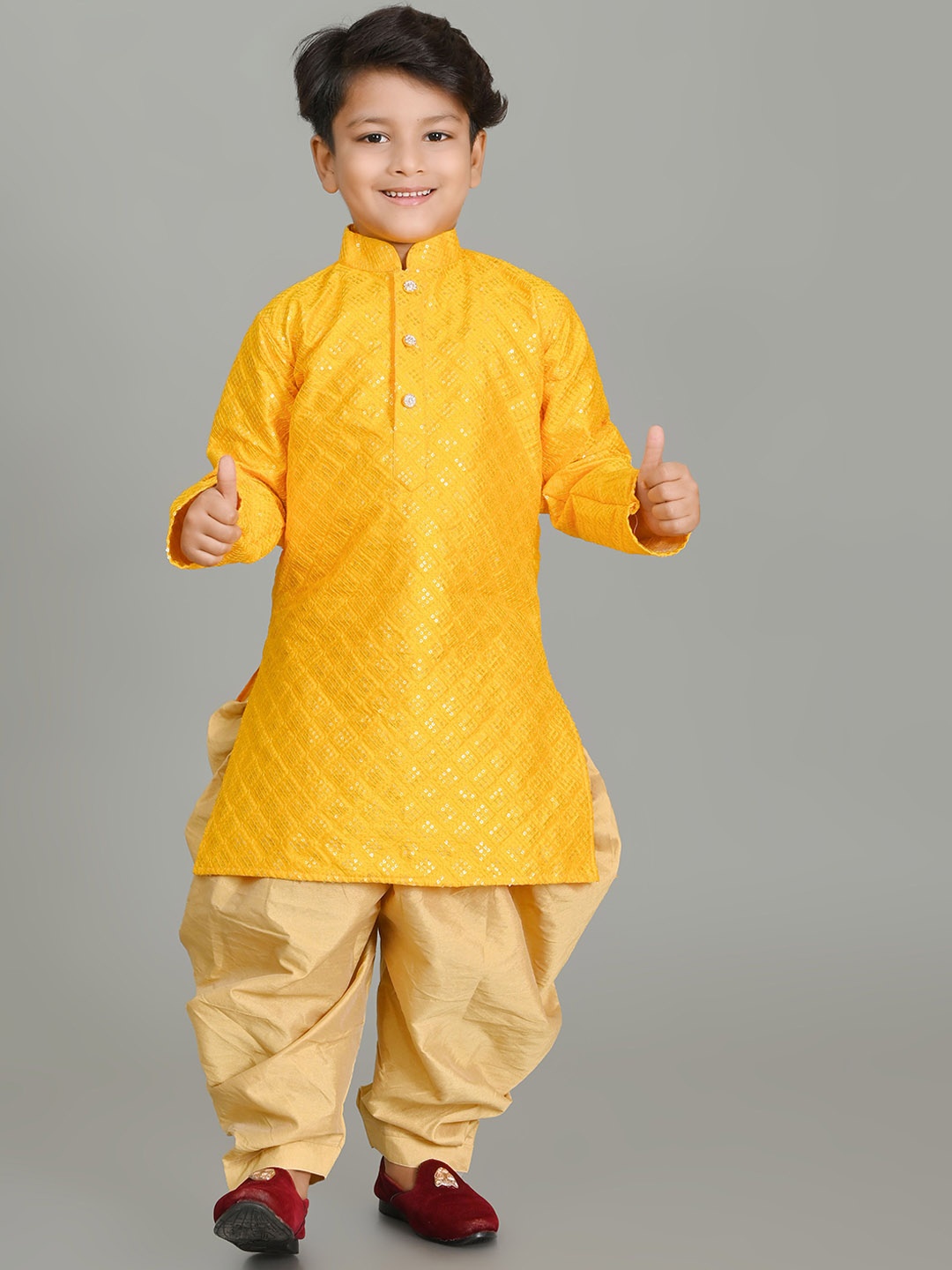 

Cae Boys Sequinned Mandarin Collar Dupion Silk Kurta with Dhoti Pants, Yellow