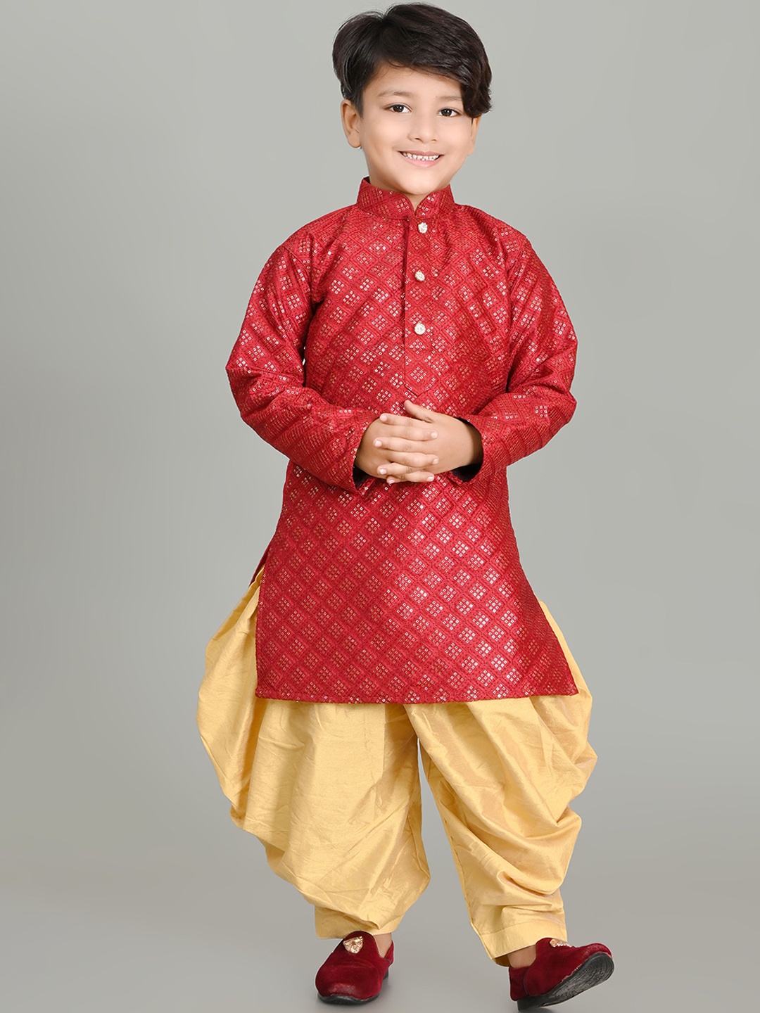 

Cae Boys Sequinned Mandarin Collar Dupion Silk Kurta with Dhoti Pants, Maroon