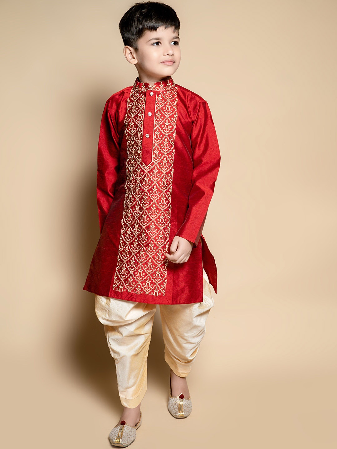 

Cae Boys Ethnic Motifs Embroidered Thread Work Dupion Silk Kurta with Dhoti Pants, Maroon