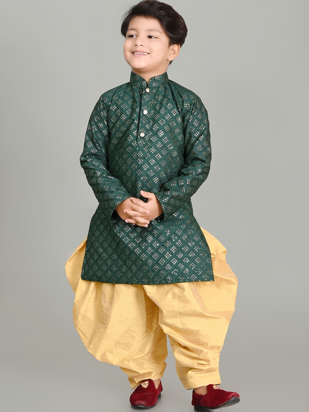 

Cae Boys Sequinned Mandarin Collar Dupion Silk Kurta with Dhoti Pants, Green