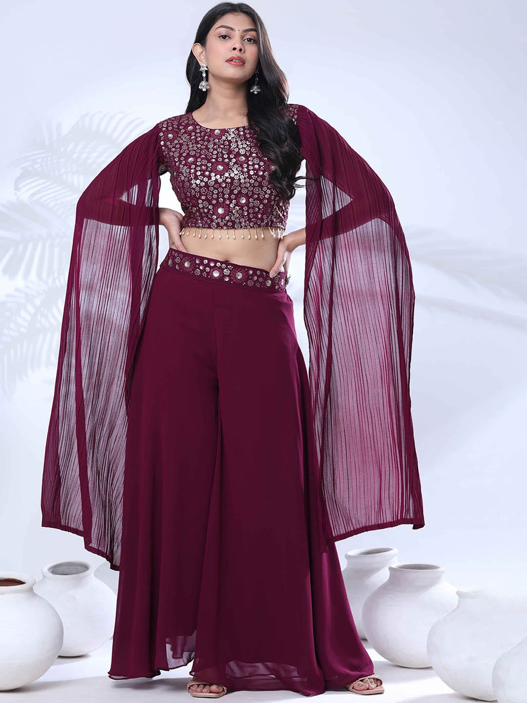 

Pionex Embroidered Round Neck Georgette Top With Palazzo, Maroon