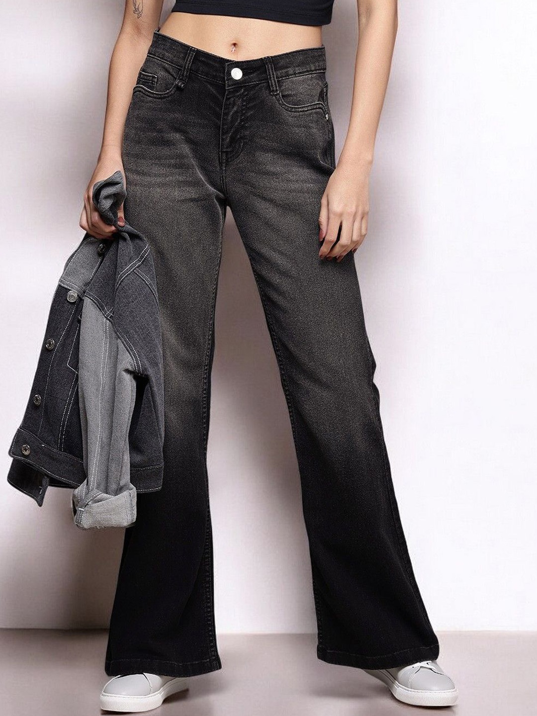 

Mast & Harbour Women Flared High-Rise Highly Distressed Light Fade Stretchable Jeans, Black