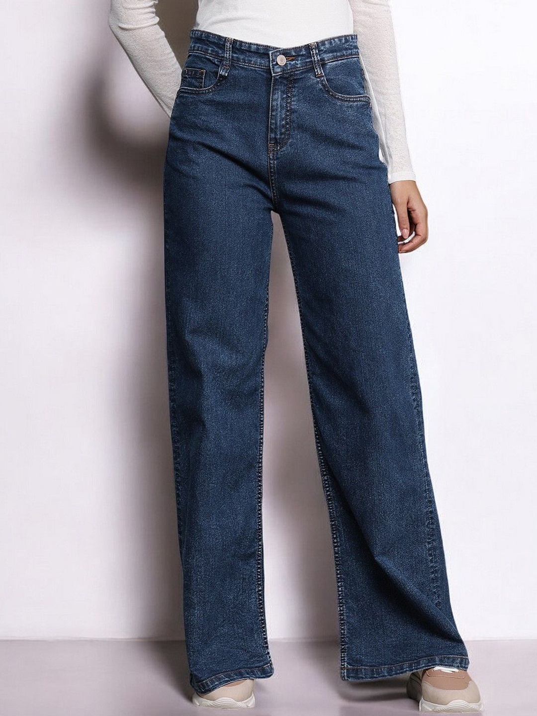 

Mast & Harbour Women Flared High-Rise Low Distress Stretchable Jeans, Blue