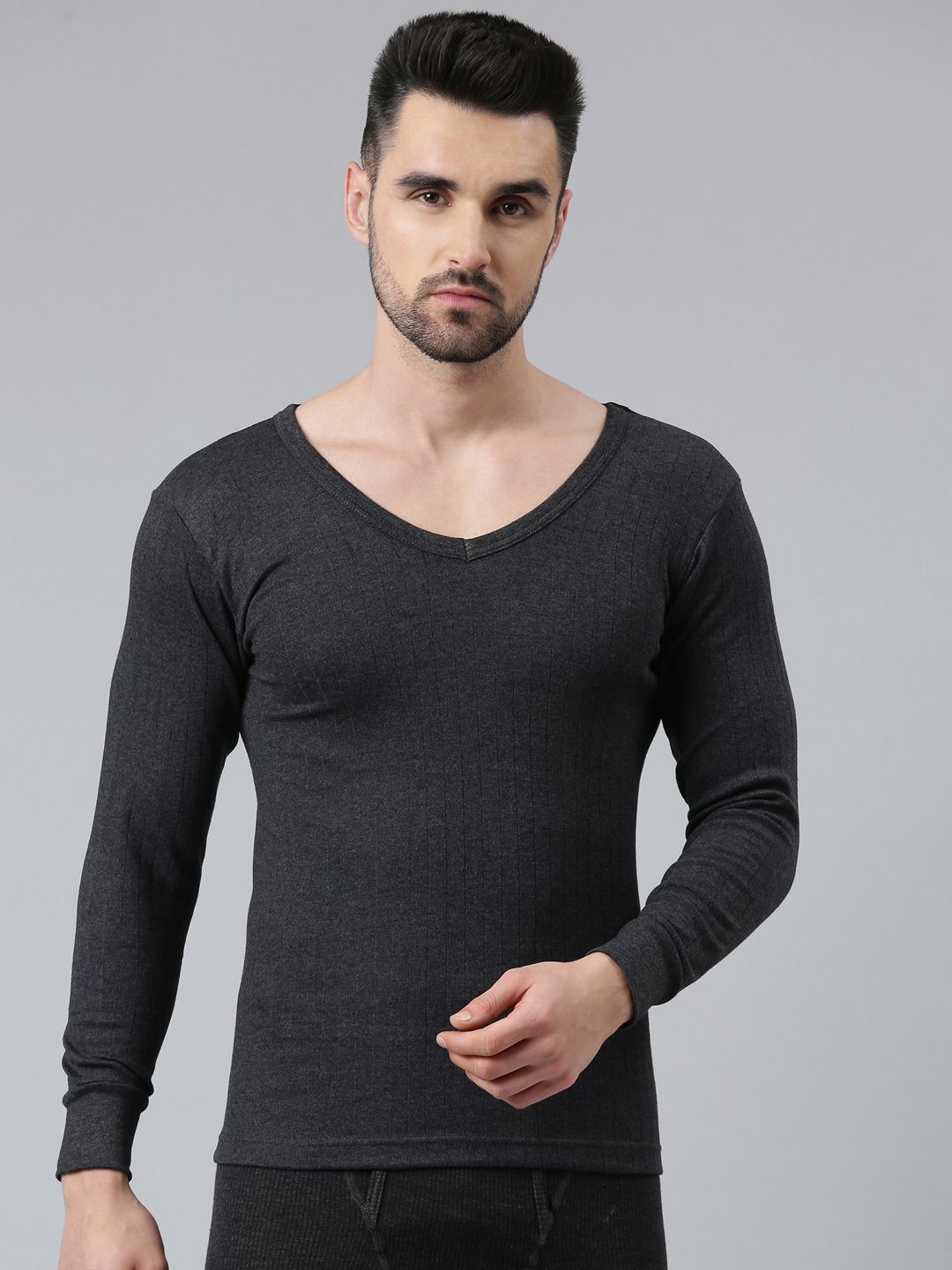 

DIXCY SCOTT Men Solid V-neck Full Sleeves Thermal Tops, Grey