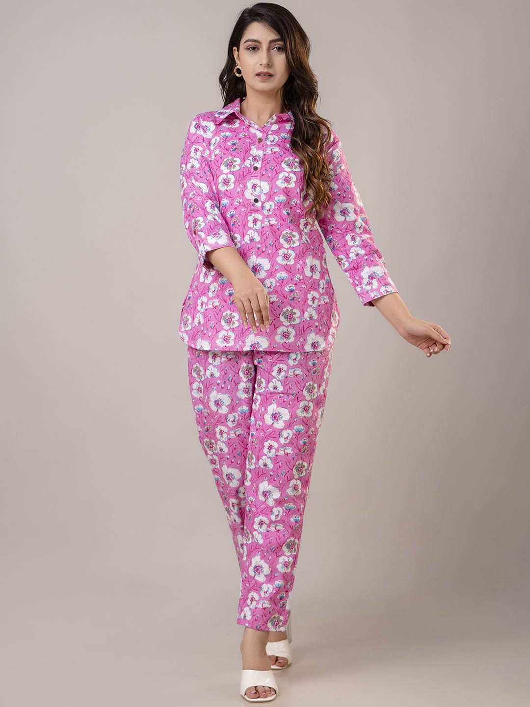 

Twirl Tales Printed Shirt Collar Pure Cotton Tunic With Trouser, Pink