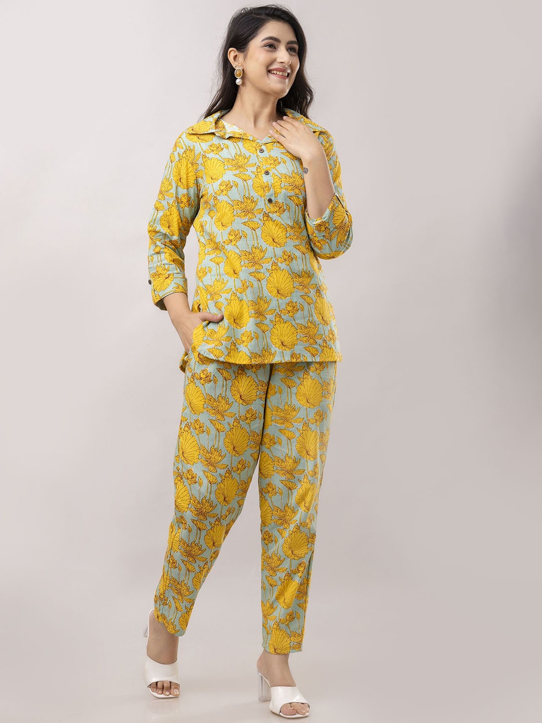 

Twirl Tales Printed Shirt Collar Pure Cotton Tunic With Trouser, Yellow