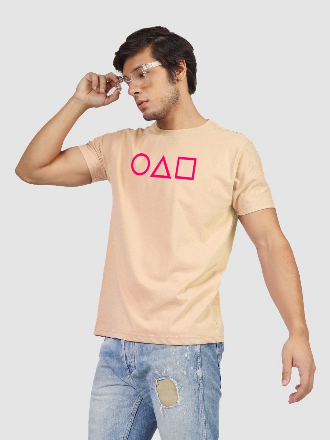 

Greylongg Men Graphic Printed Round Neck Cotton T-shirt, Beige