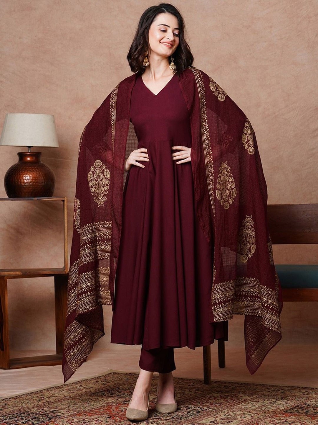 

GoSriKi V-Neck Anarkali Kurta With Trousers And Dupatta, Maroon