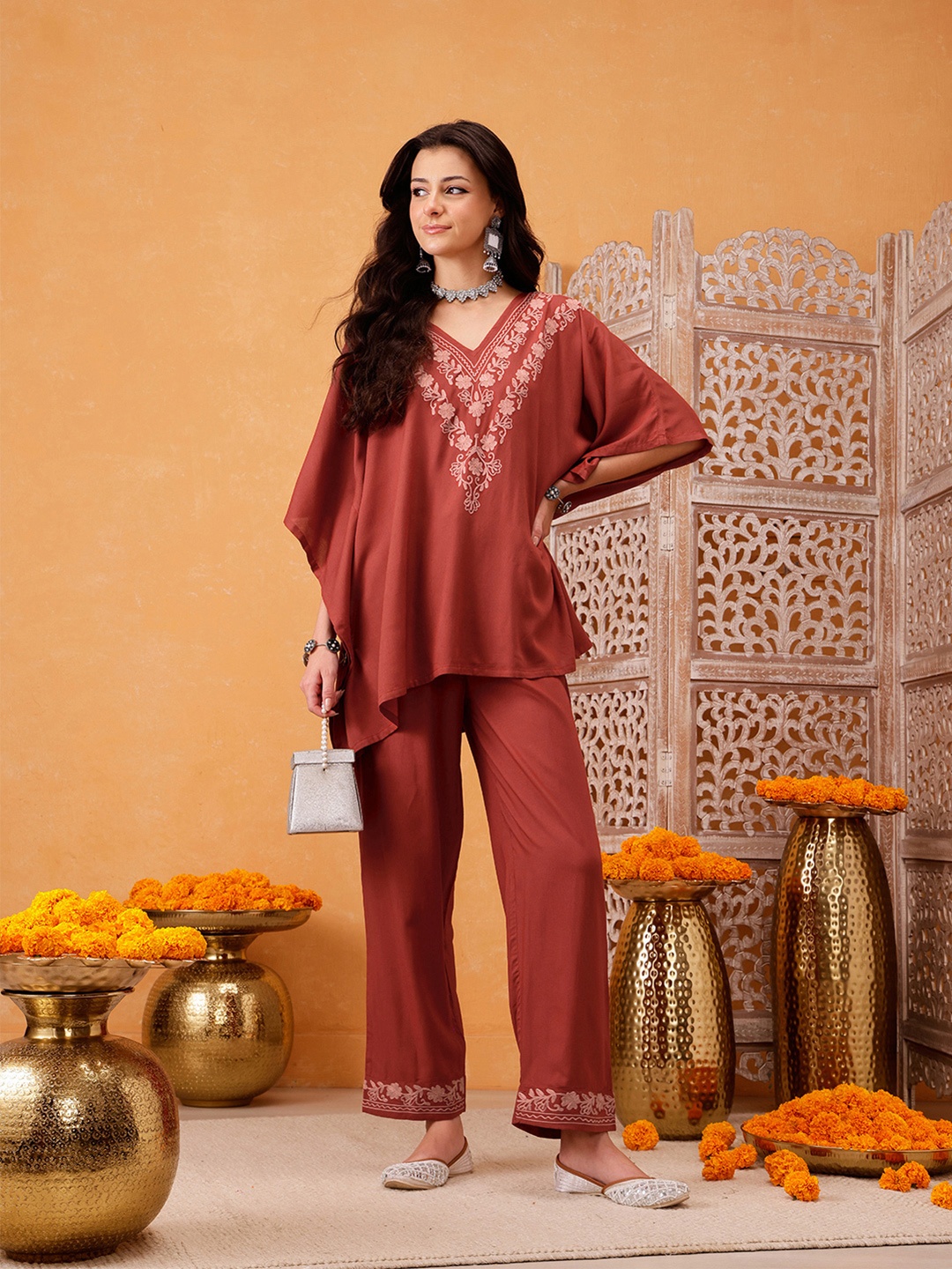 

QAZMI Shahira Embroidered V-Neck Kaftan Tunic With Trouser, Orange