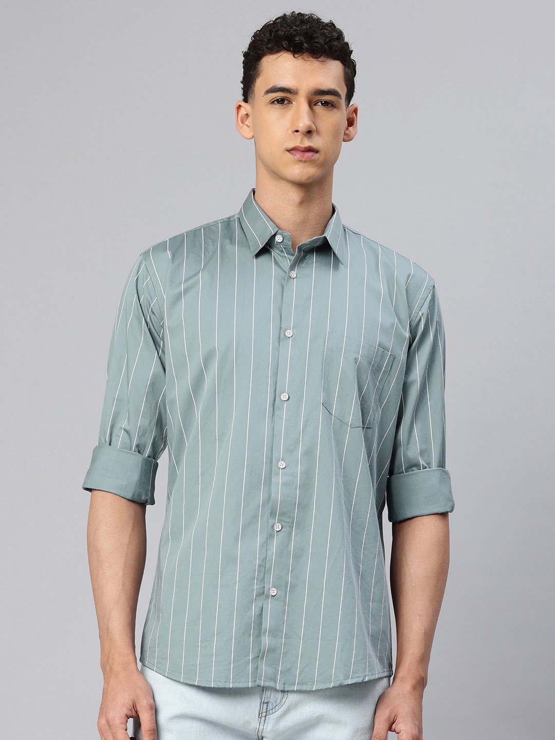 

Majestic Man Pure Cotton Striped Slim Fit Casual Shirt, Blue
