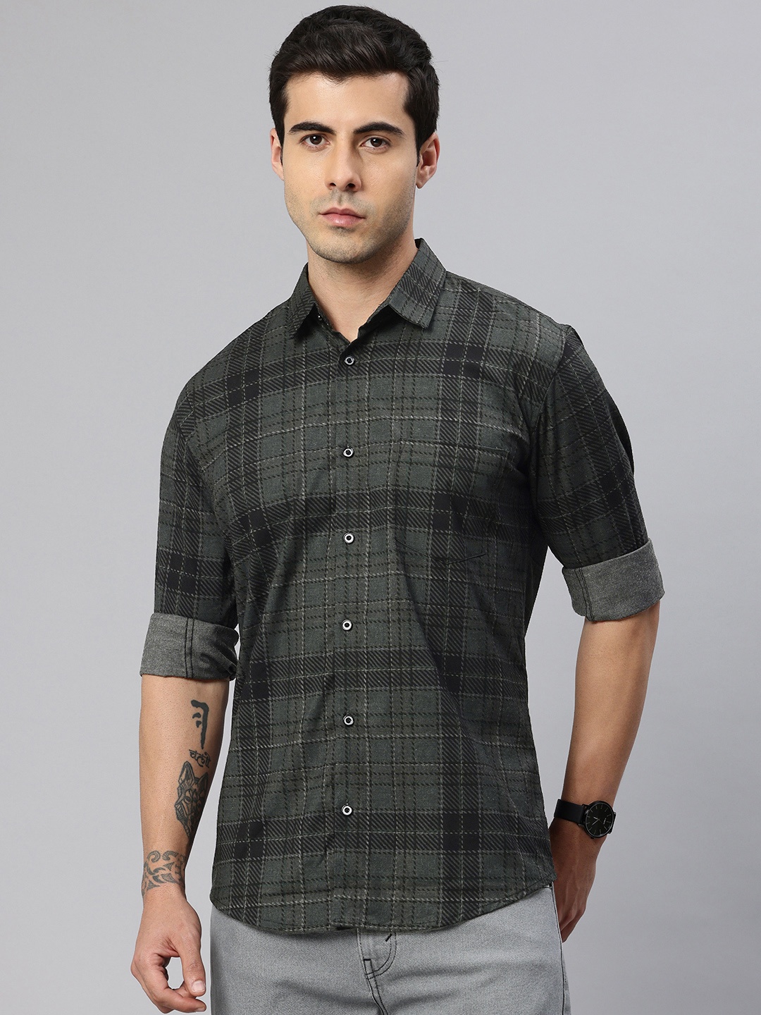 

Majestic Man Poly Cotton Smart Slim Fit Checked Casual Shirt, Grey