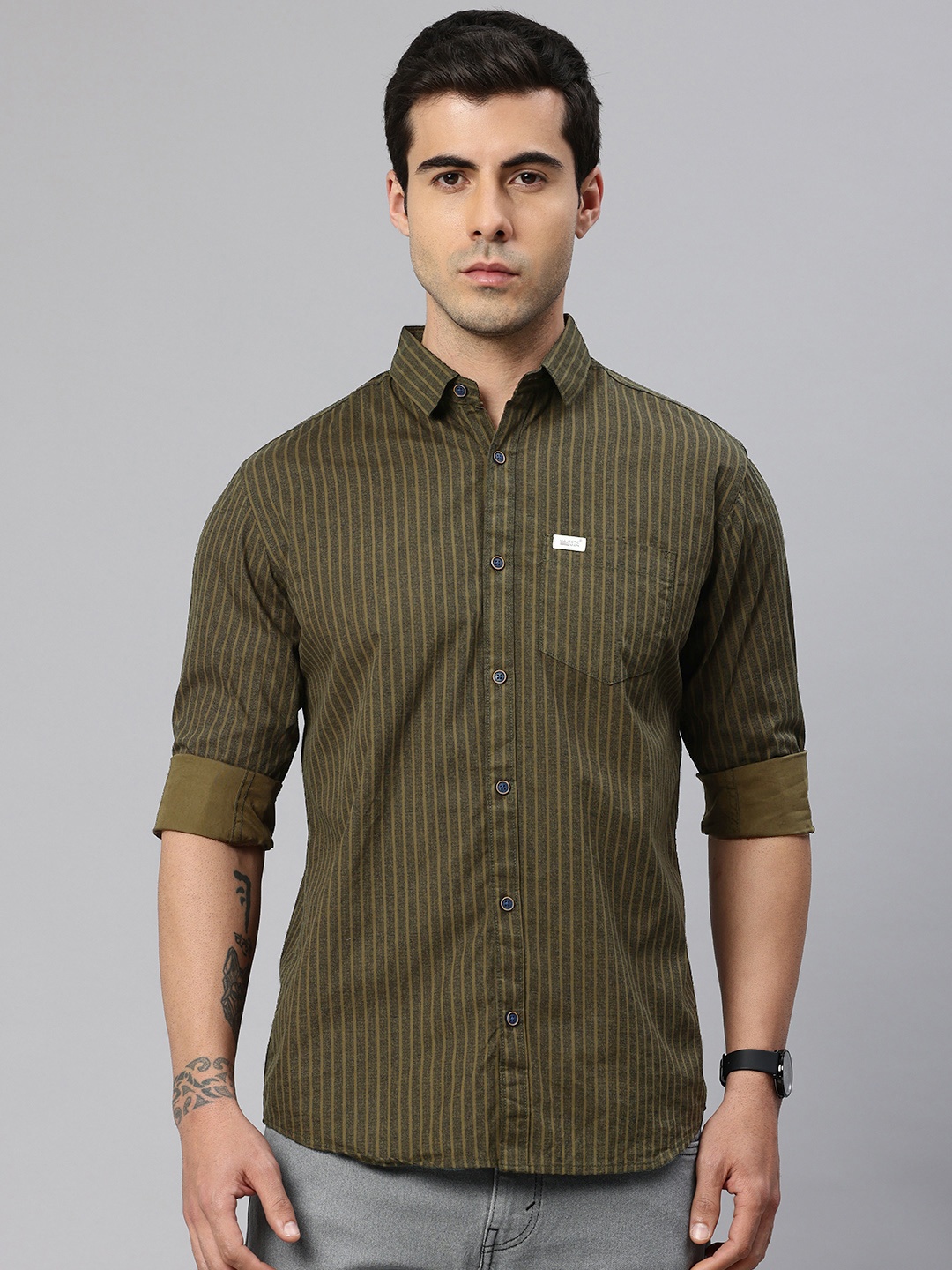 

Majestic Man Pure Cotton Smart Slim Fit Striped Casual Shirt, Olive