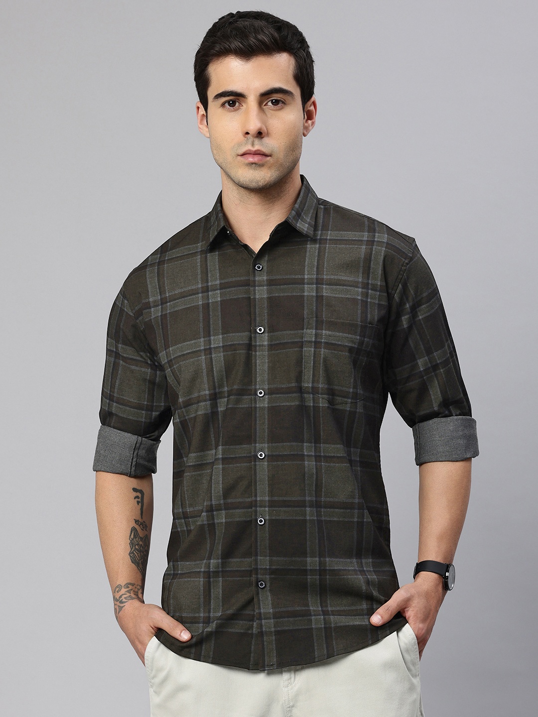 

Majestic Man Poly Cotton Smart Slim Fit Tartan Checks Opaque Checked Casual Shirt, Olive