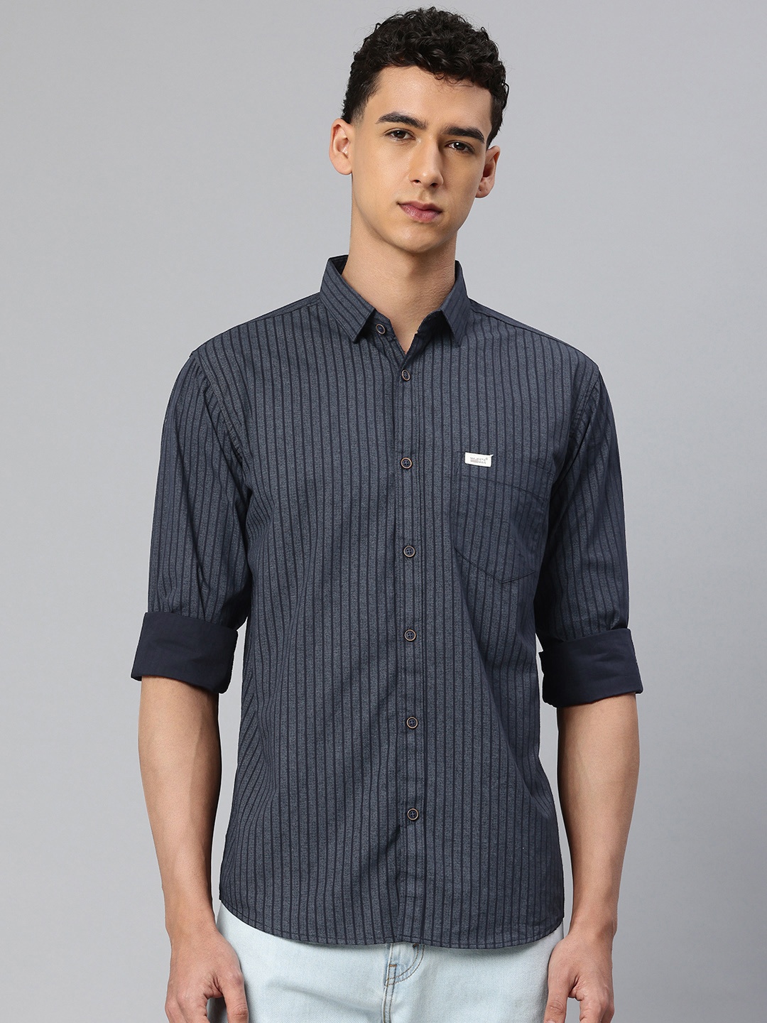 

Majestic Man Pure Cotton Smart Slim Fit Striped Casual Shirt, Navy blue
