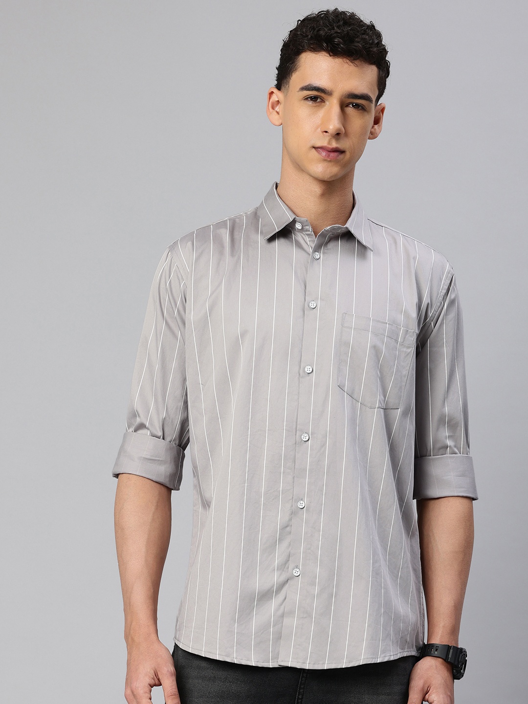 

Majestic Man Pure Cotton Smart Slim Fit Opaque Striped Casual Shirt, Grey