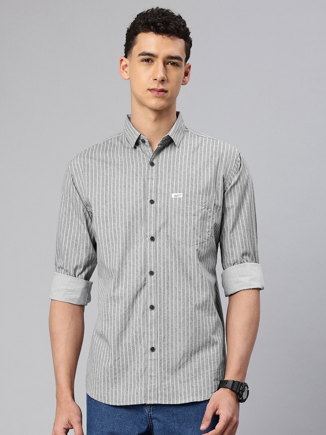 

Majestic Man Pure Cotton Smart Slim Fit Opaque Striped Casual Shirt, Grey