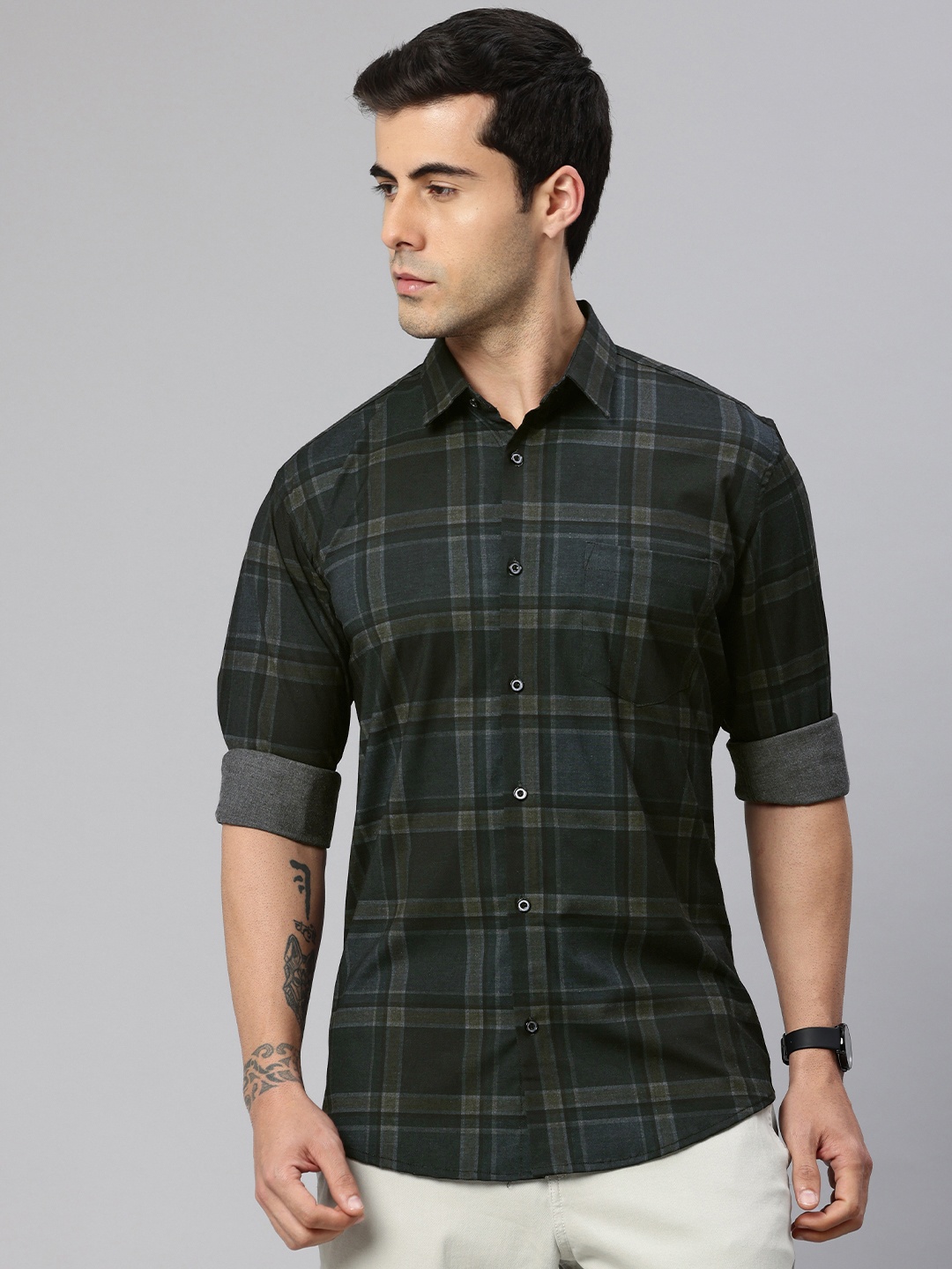 

Majestic Man Poly Cotton Checked Slim Fit Casual Shirt, Grey