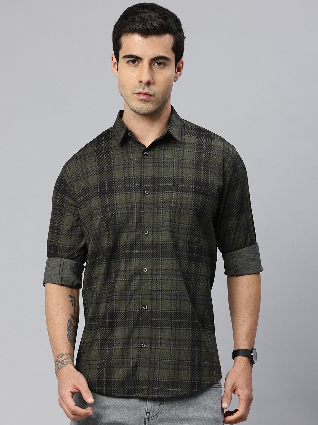 

Majestic Man Poly Cotton Smart Slim Fit Checked Casual Shirt, Olive