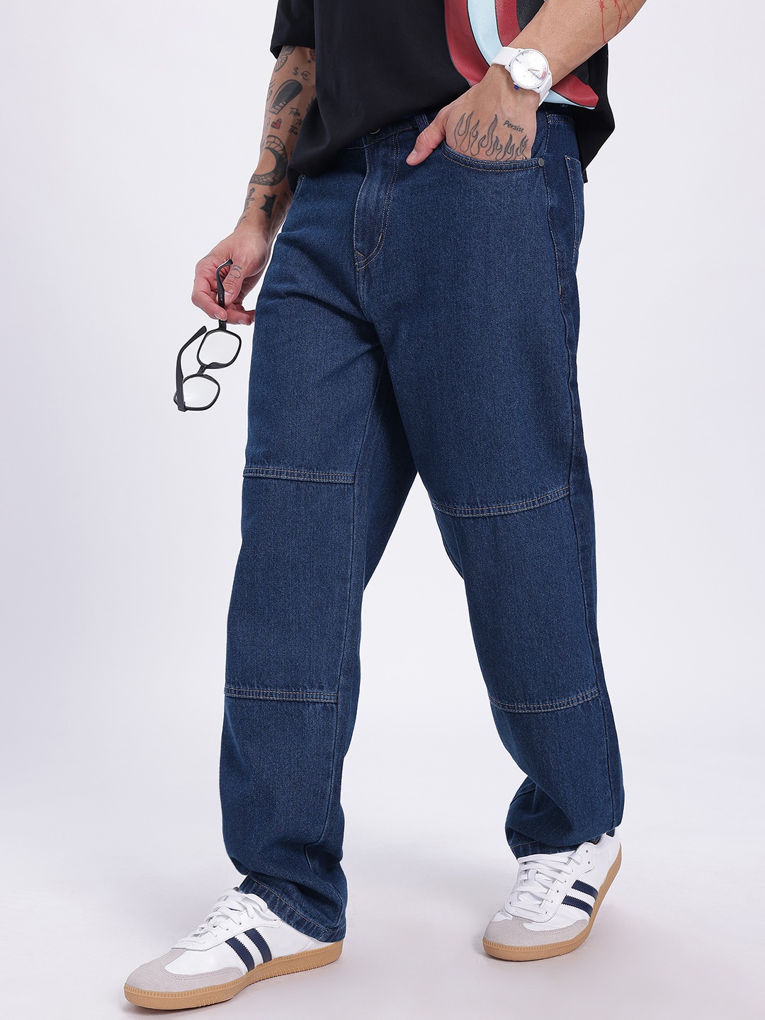 

glitchez Men Paneled Pane Straight Fit Jeans, Navy blue