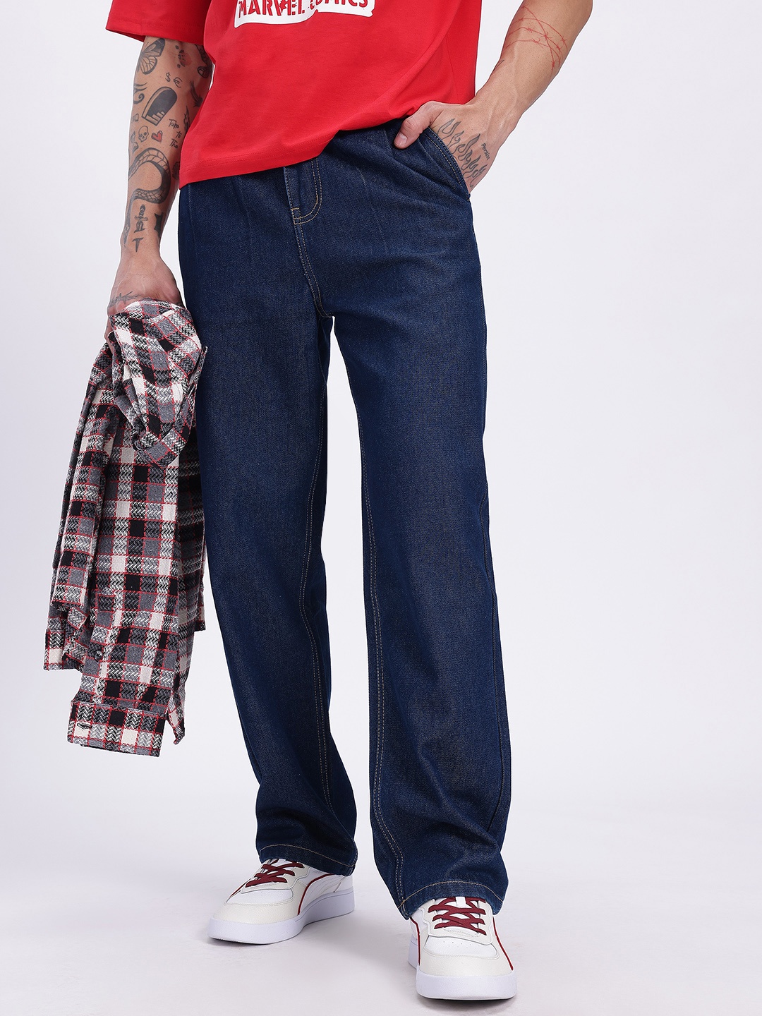 

glitchez Men Laid-Back Luxe Loose Fit Pleated Jeans, Navy blue