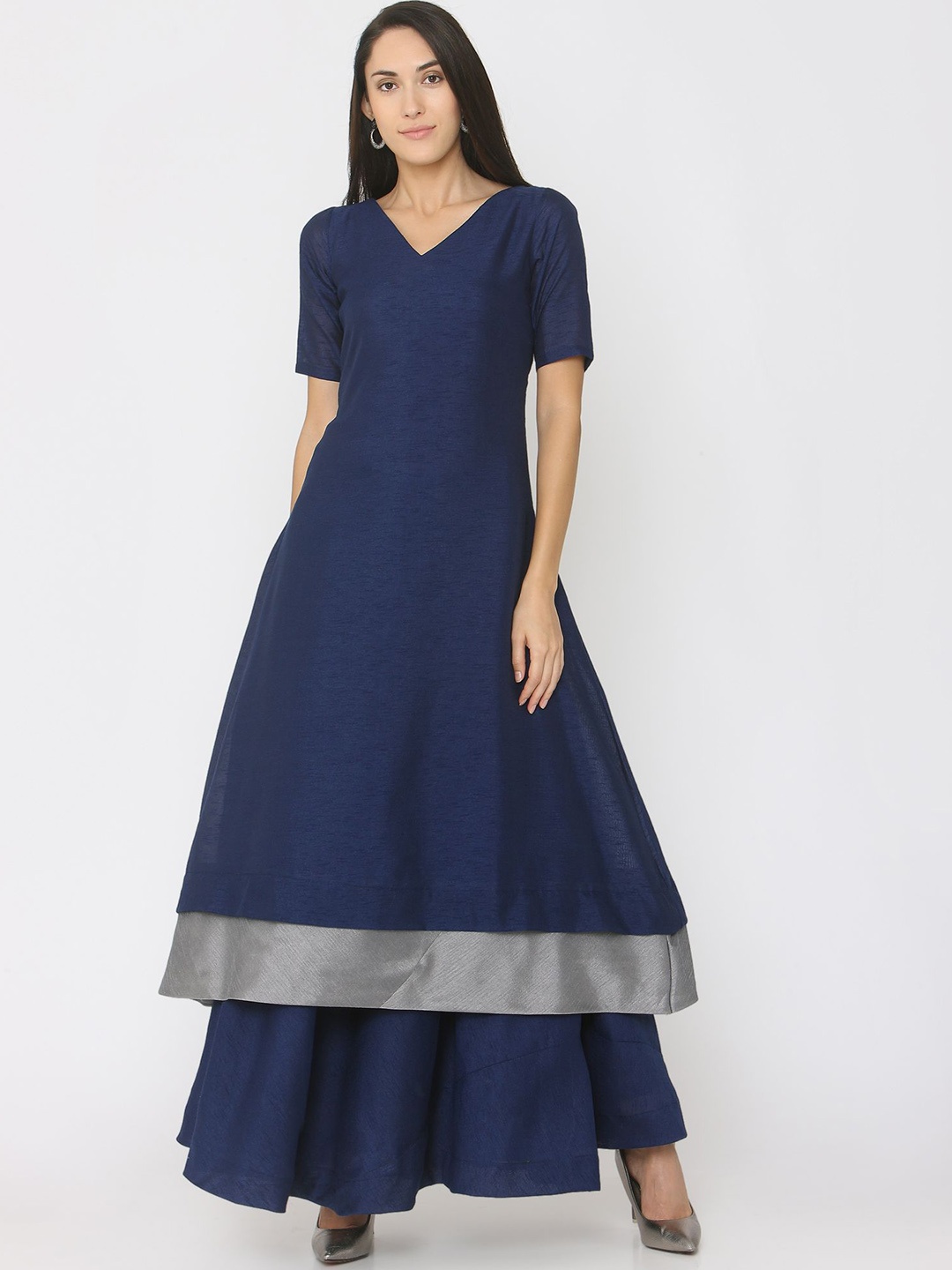 

SHADES OF FAASHION Regular Pure Silk A- Line Kurta with Skirt, Navy blue